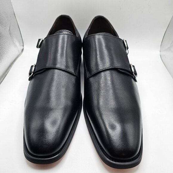 NWOB Men's La Milano Black Leather Plain Toe Double Monk Strap Shoes‎ Size 11 - Picture 1 of 11